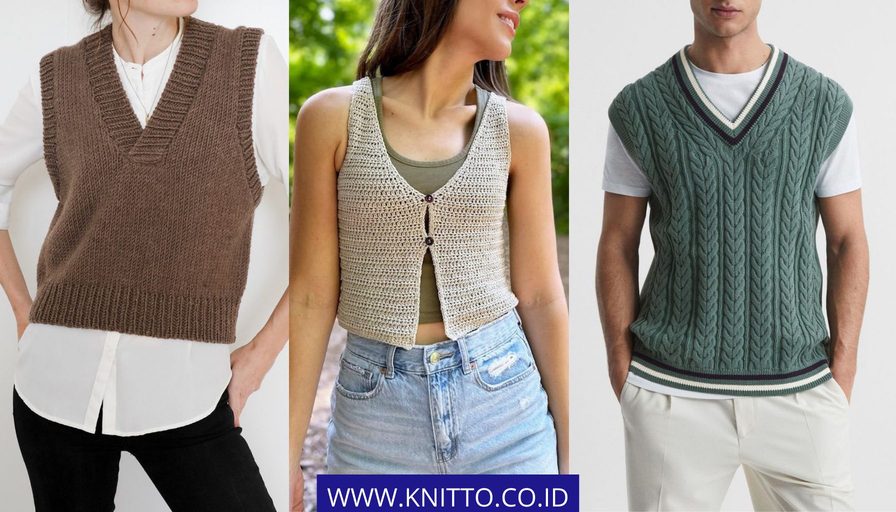 Model Vest Rajut Menurut Jenis Jahitan | Dari Kiri ke Kanan: Ribbed, Crochet, Cable | Sumber Gambar: Pinterest