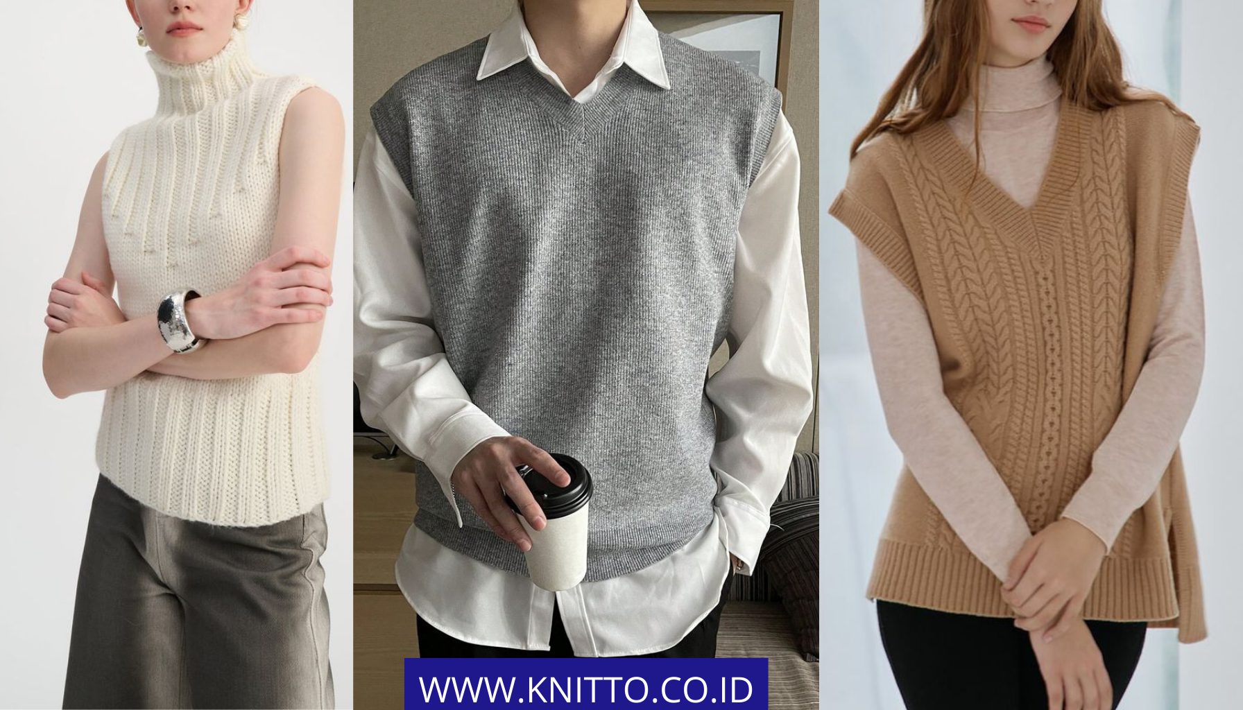 Model Vest Rajut Menurut Jenis Kerah | Dari Kiri ke Kanan: Turtleneck, Crewneck, V Neck | Sumber Gambar: Pinterest