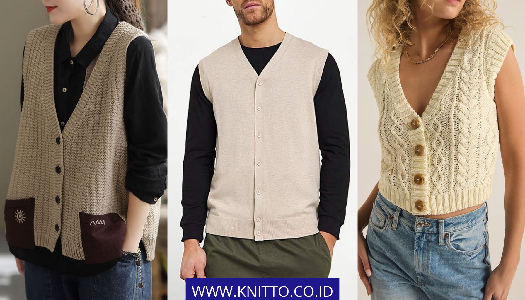 Model Vest Rajut Menurut Panjang | Dari Kiri ke Kanan: Oversized, Reguler, Crop | Sumber Gambar: Pinterest