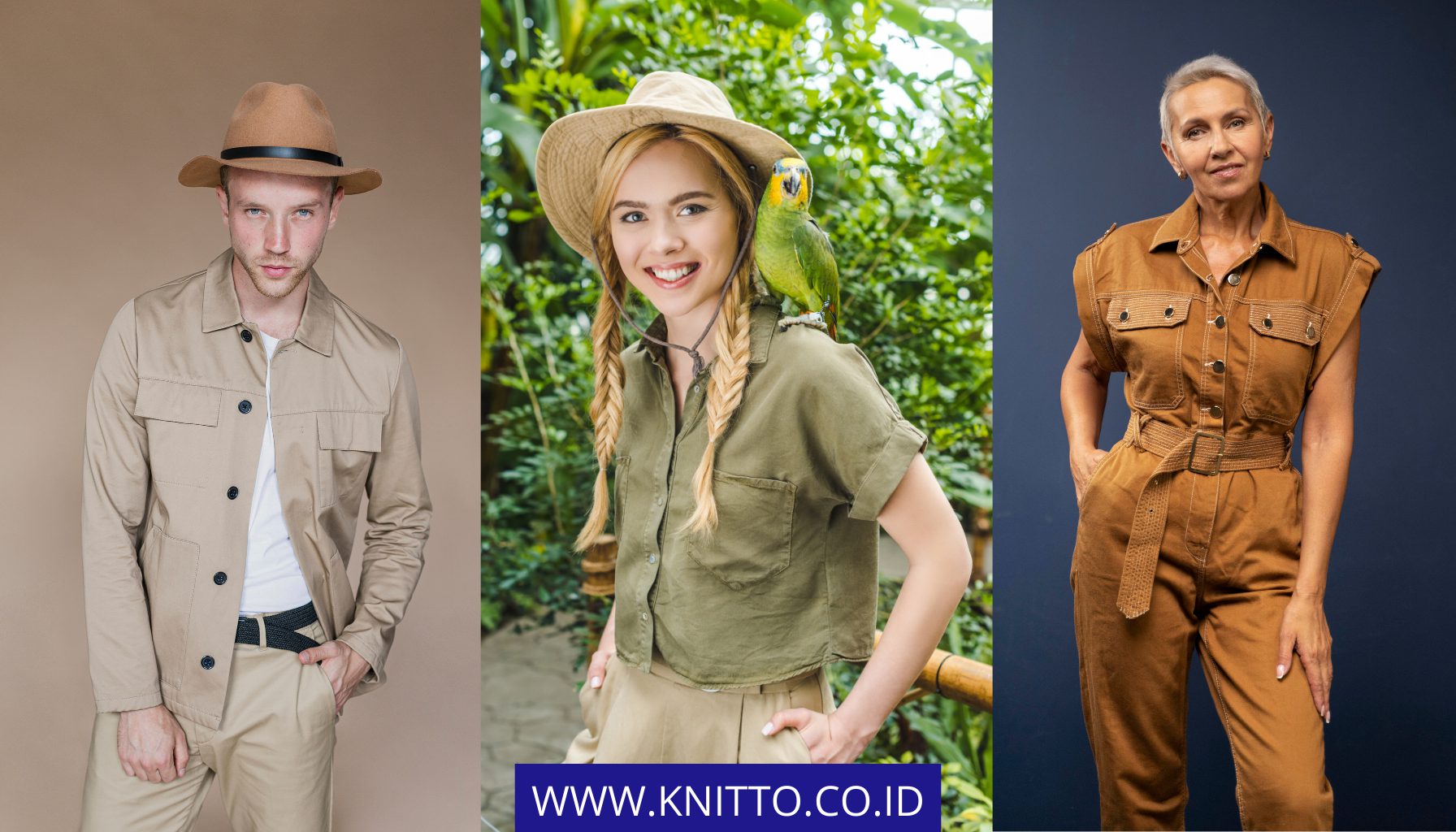 Variasi Model Baju Safari | Dari Kiri ke Kanan: Parka atau Lengan Panjang, Lengan Pendek, dan Jumpsuit