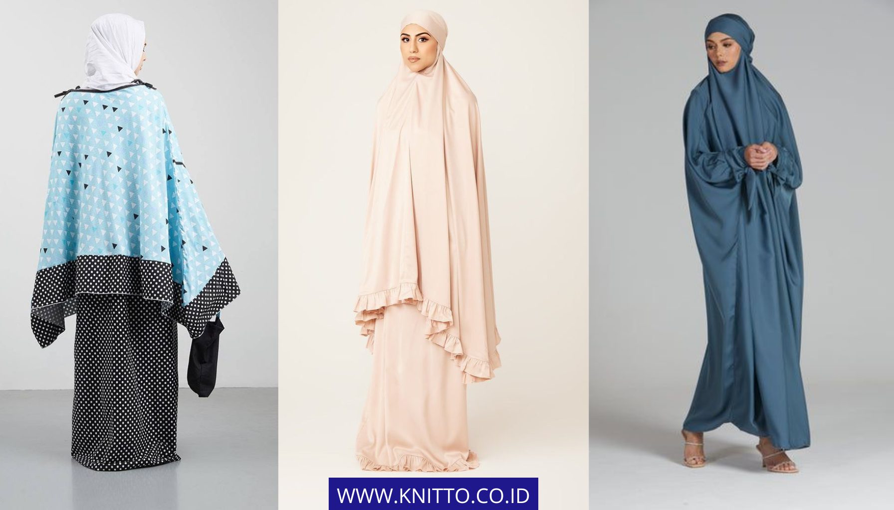 Berbagai Model Mukena Terbaru Tahun Ini | Dari Kiri ke Kanan: Mukena Ponco, Mukena One Set, Mukena Terusan | Sumber Gambar: Pinterest