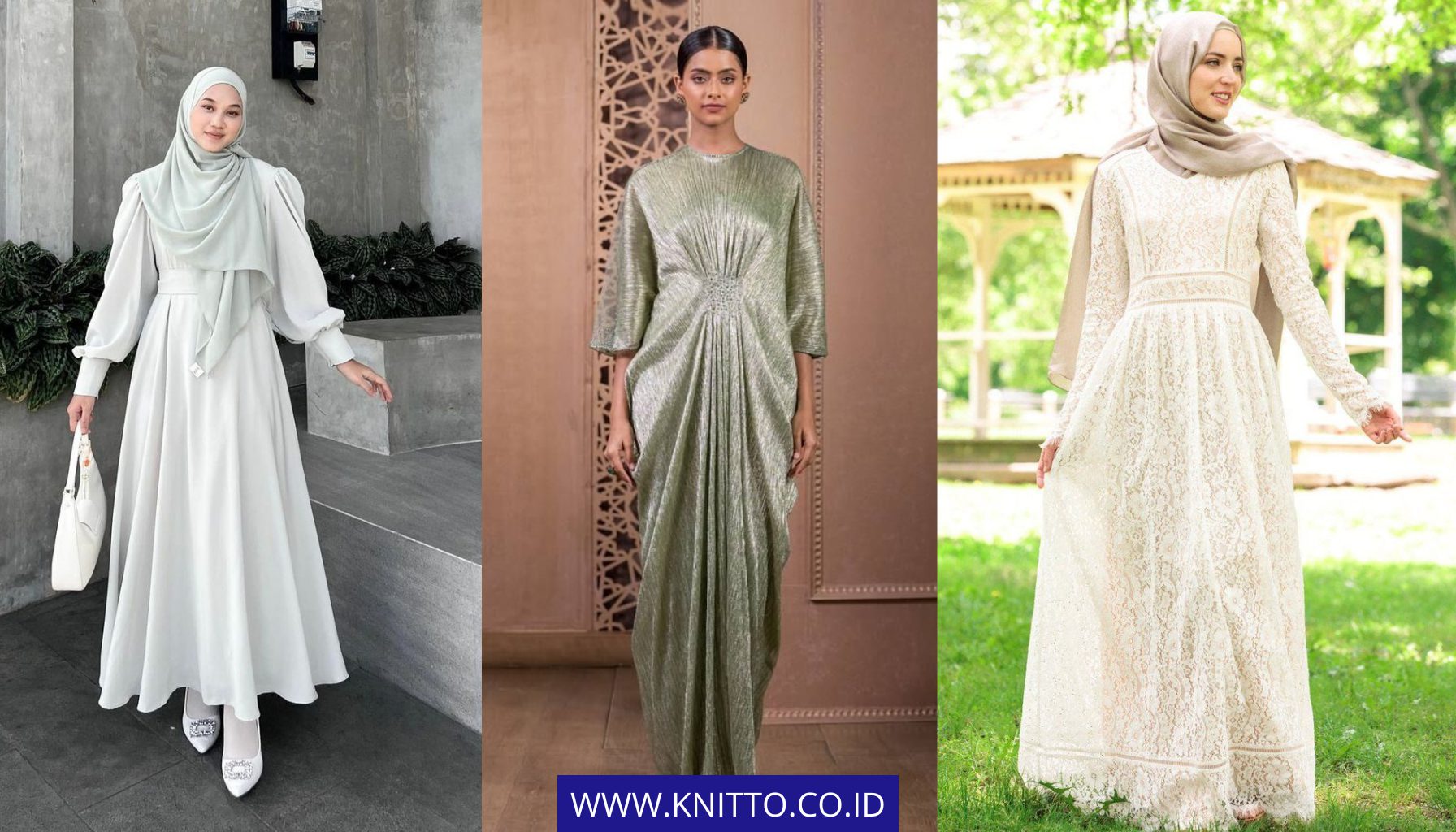 Inspirasi Kain Shimmer yang Dijadikan Baju Lebaran | Dari Kiri ke Kanan: Bahan Sutra, Kaftan Shimmer, Hijab Shimmer