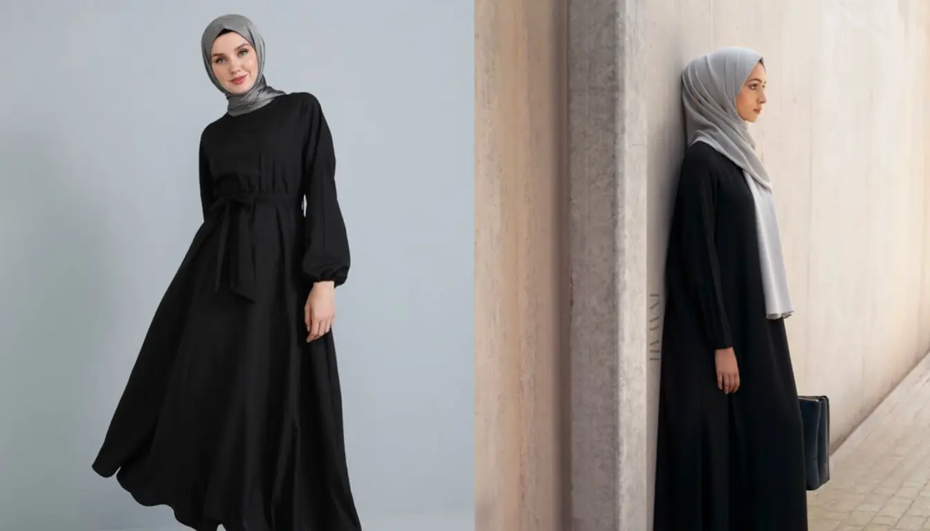 Gamis Hitam dengan Jilbab Abu abu (Sumber: Pinterest)