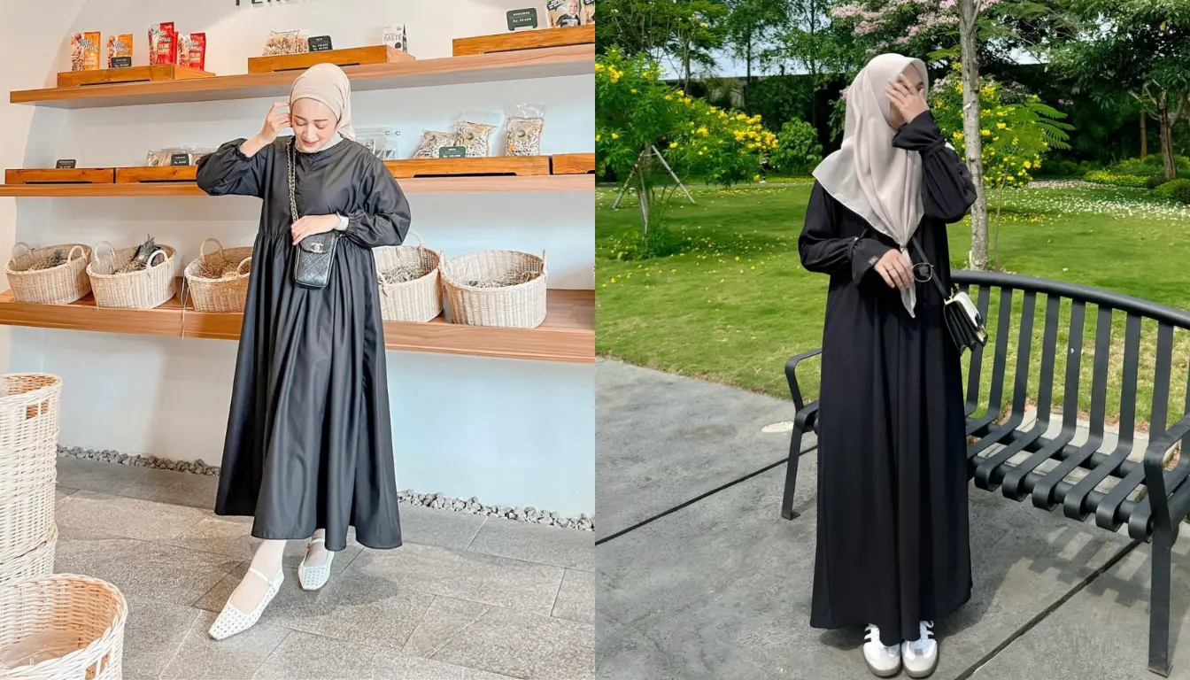 Gamis Hitam dengan Jilbab Beige (Sumber: Instagram.com/seviqfebinita dan Instagram.com/njpda)