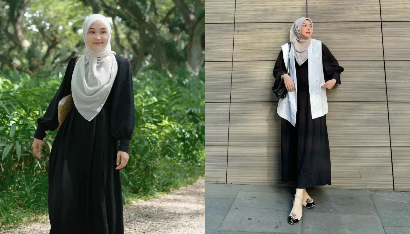 Gamis Hitam dengan Jilbab Putih (Sumber: Instagram.com/njpda dan pinterest)