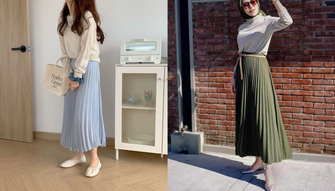 Kombinasi Rok Plisket dengan Turtleneck