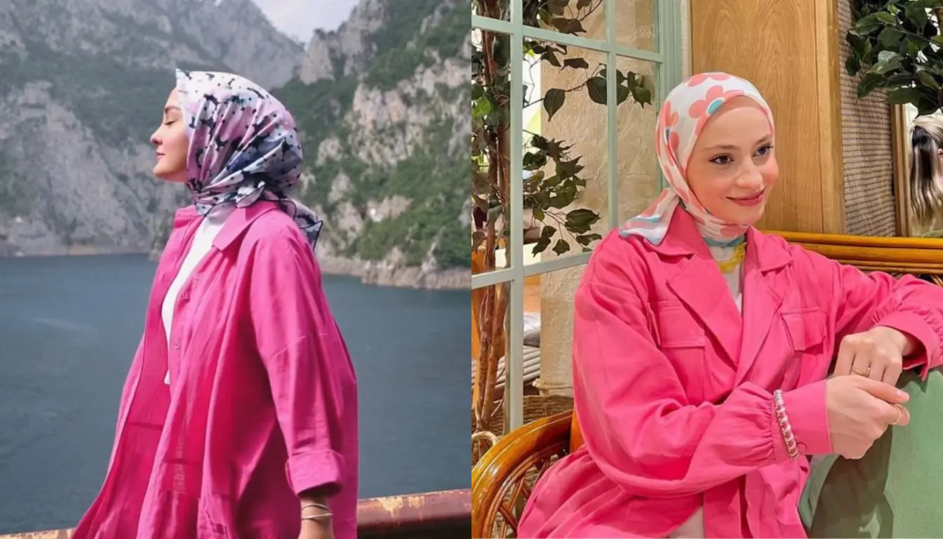 Perpaduan Baju Pink dengan Jilbab Motif