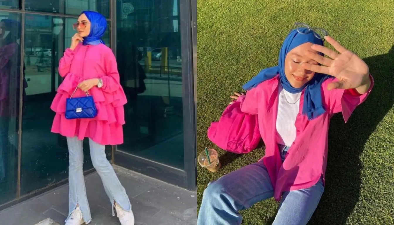 Perpaduan Baju Pink dengan Jilbab Warna Biru Navy