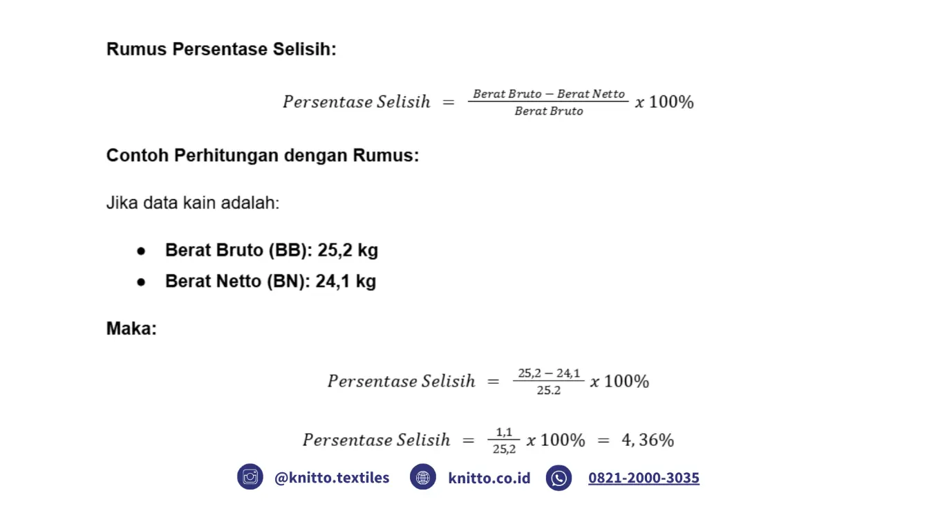 Contoh Rumus Persentase Selisih dan Perhitungan Perbedaan Bruto dan Netto untuk Kain Knitto