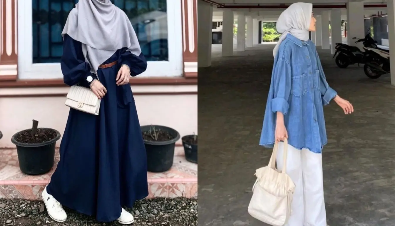 Kombinasi Baju Navy dengan Jilbab Abu-abu