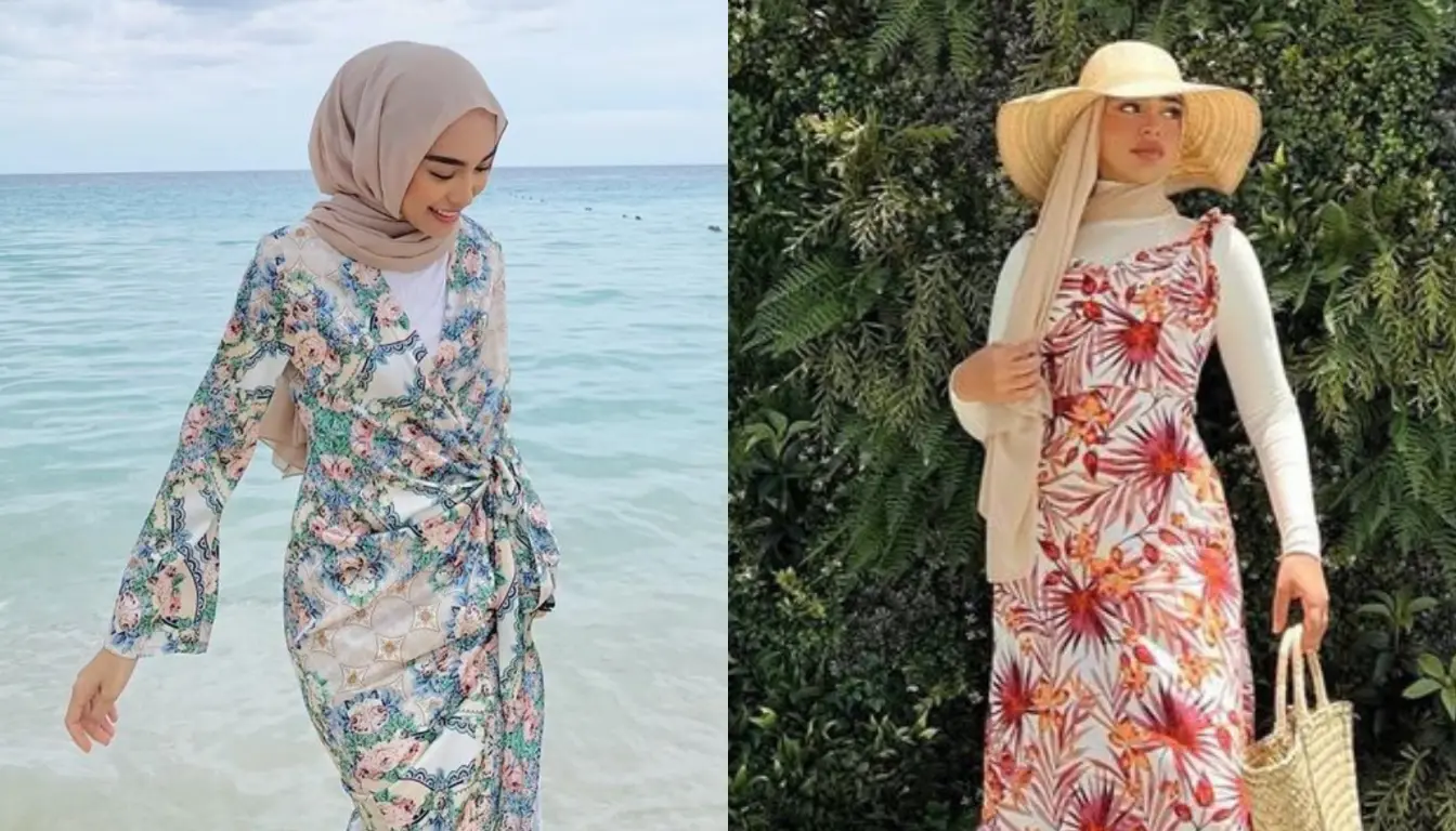 Ilustrasi OOTD Pantai Hijab Motif Floral