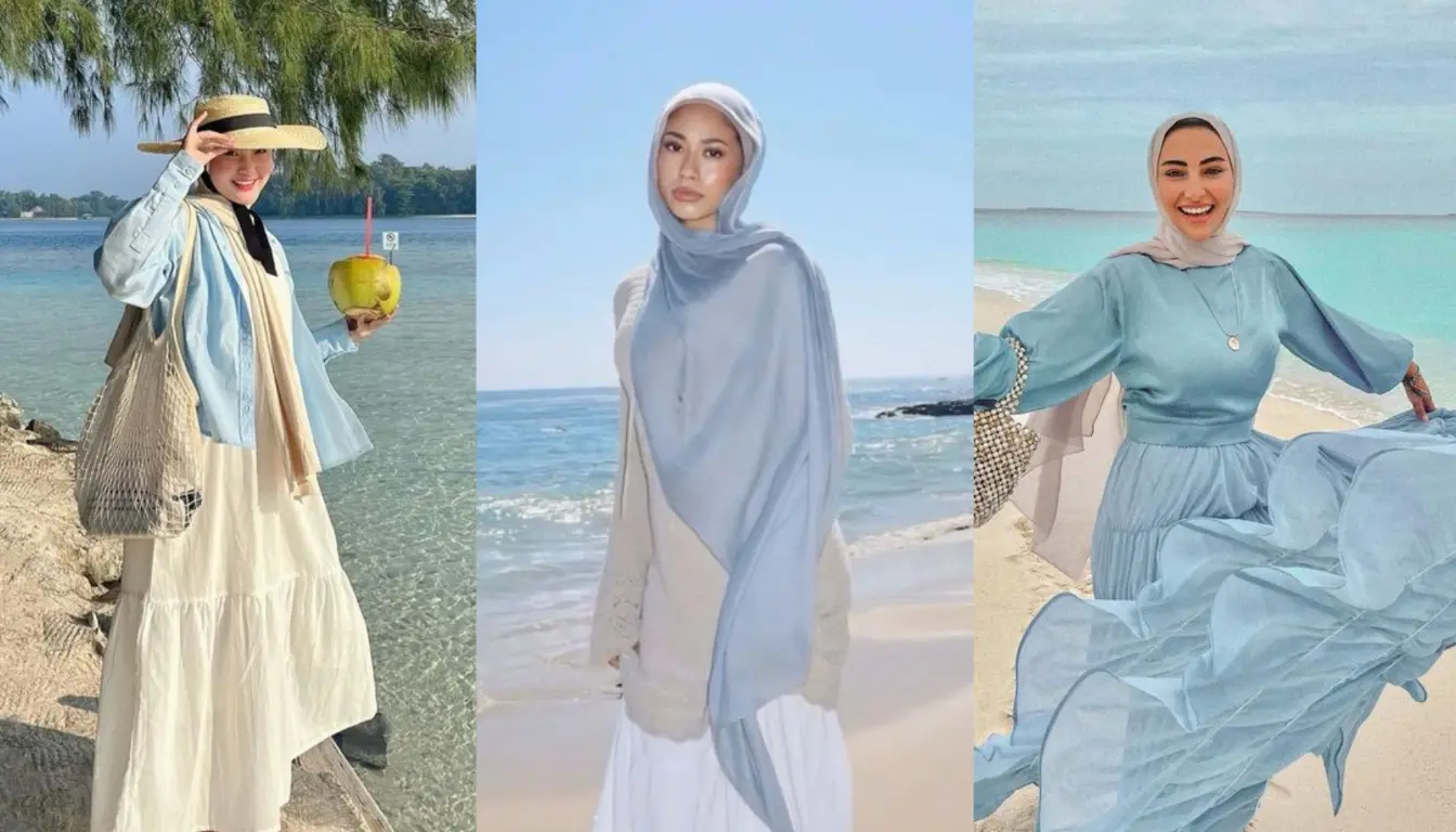 Ilustrasi OOTD Pantai Hijab yang Bernuansa Biru