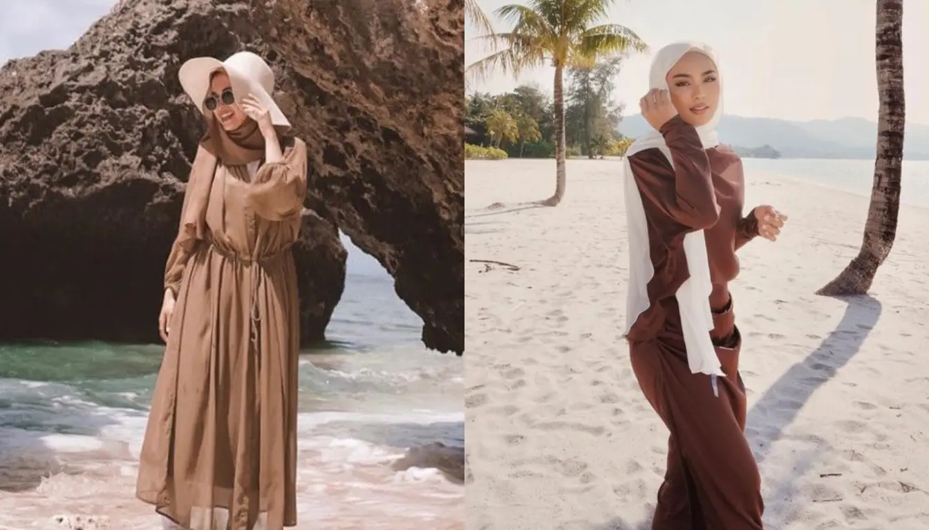 Ilustrasi OOTD Pantai Hijab yang Bernuansa Cokelat