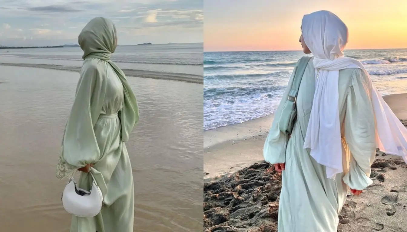 Ilustrasi OOTD Pantai Hijab yang Bernuansa Hijau