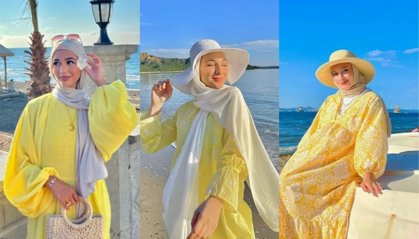 Ilustrasi OOTD Pantai Hijab yang Bernuansa Kuning