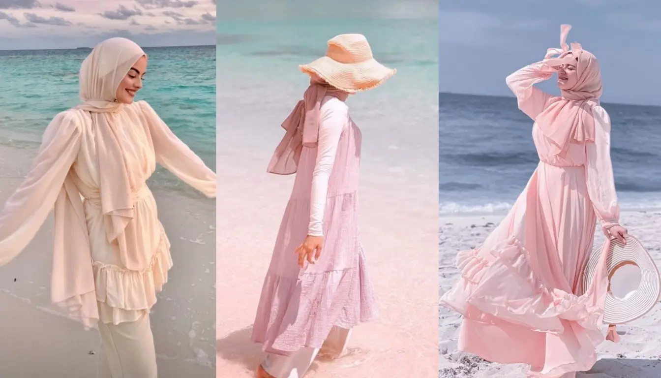 Ilustrasi OOTD Pantai Hijab yang Serba Pink