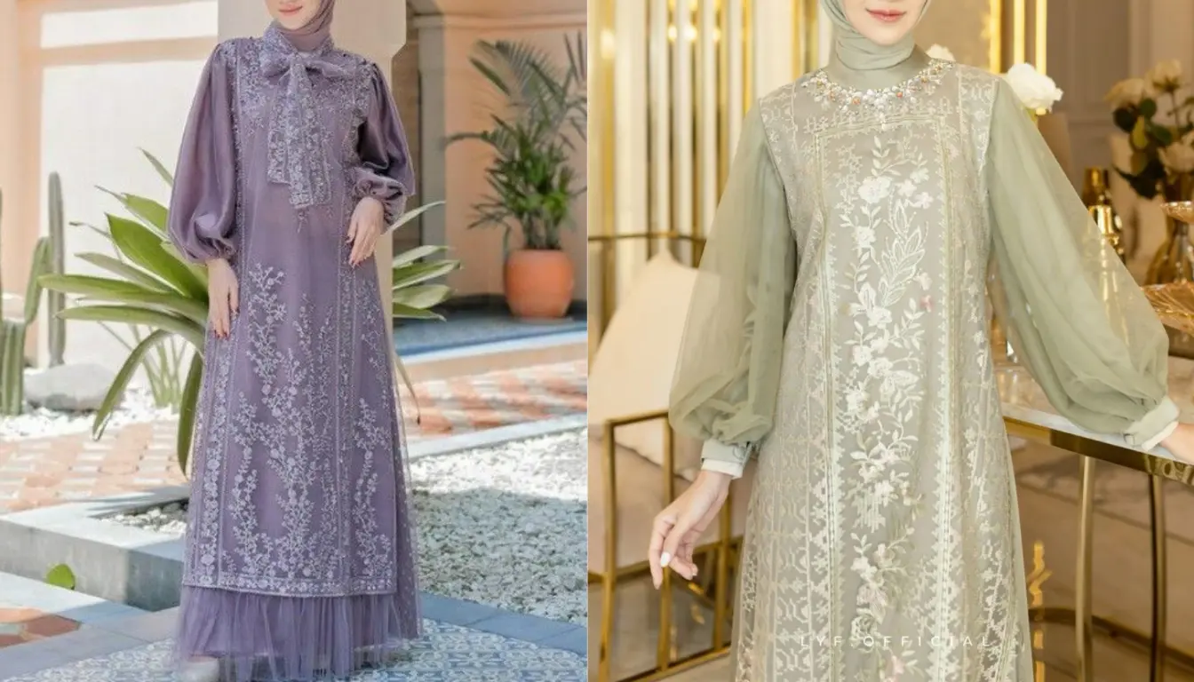 Model Gamis Brokat Kombinasi Polos Terbaru Model Lengan Balon