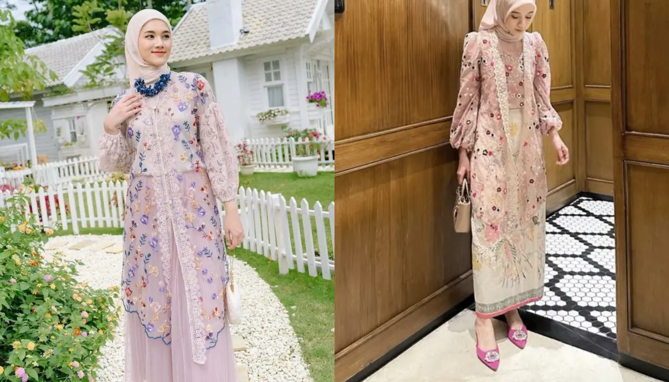 Model Gamis Brokat Kombinasi Polos Terbaru Outer Floral