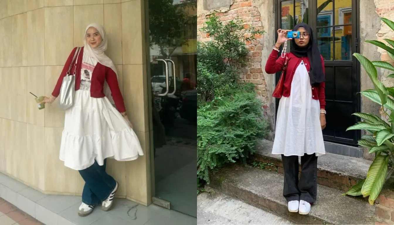 Outfit 17 Agustus, Cardigan Merah, Midi Dress Putih dan Celana Jeans