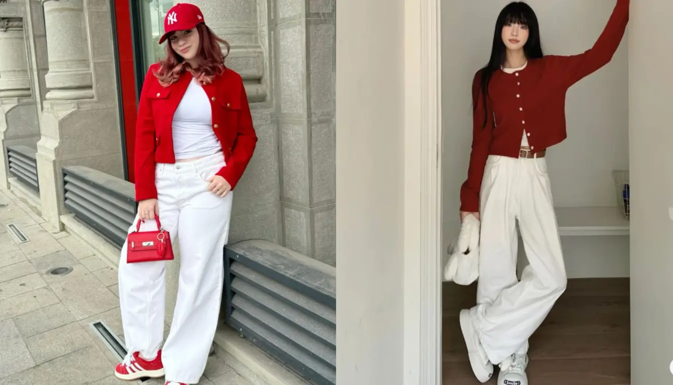 Cardigan Merah dan Celana High Waist Putih