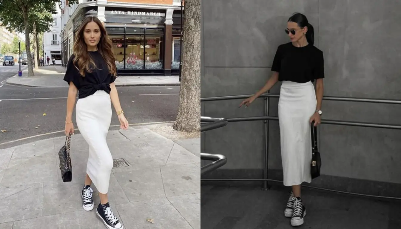 Kaos Polos Hitam dan Knit Skirt Putih
