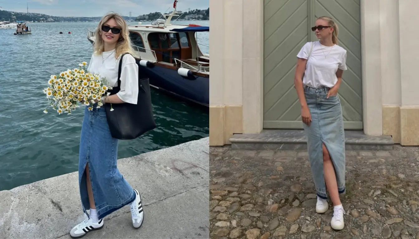 Kaos Putih dan Maxi Skirt Jeans