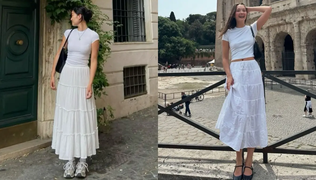 Kaos Putih dan Ruffle Skirt