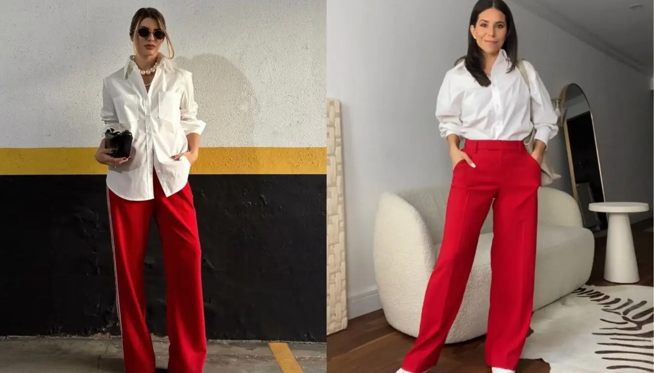 Kemeja Putih dan Celana High Waist Merah