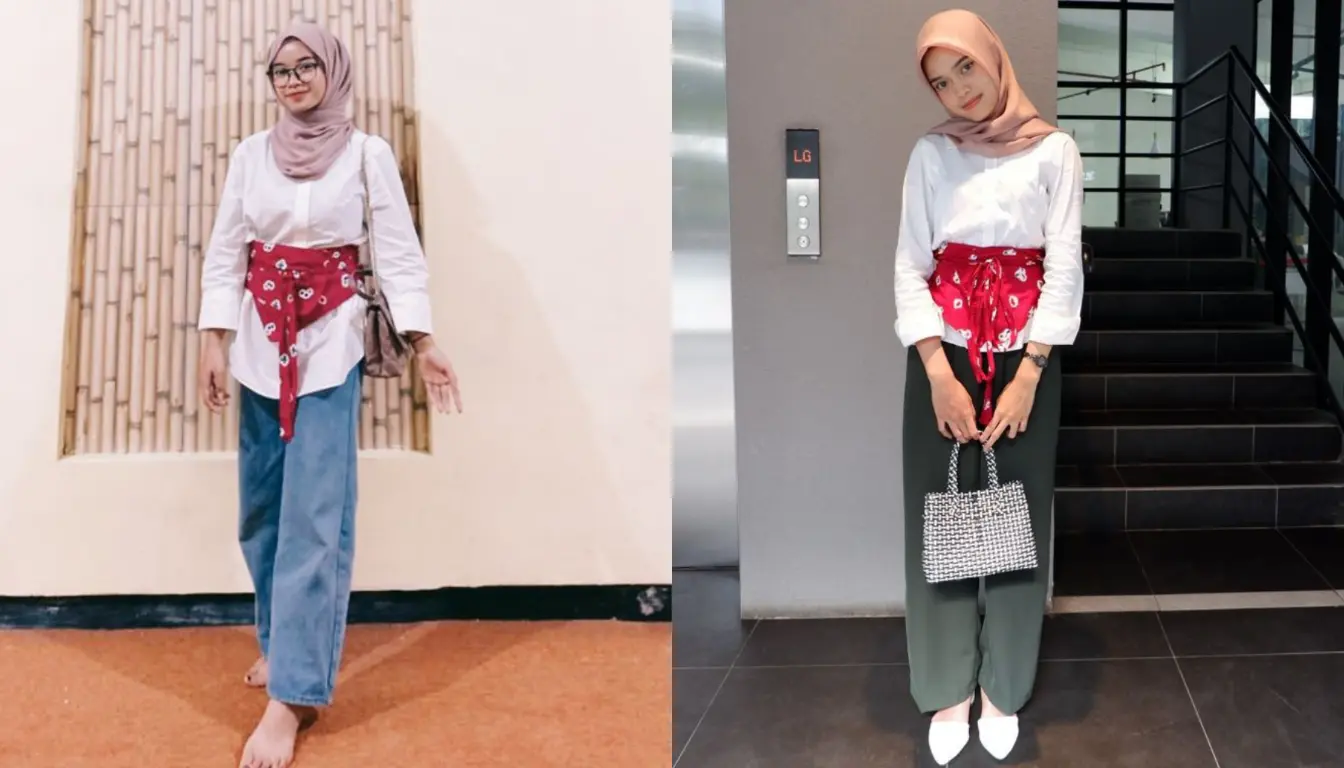 Outfit 17 Agustus, Kemeja Putih dan Obi Belt Batik Merah