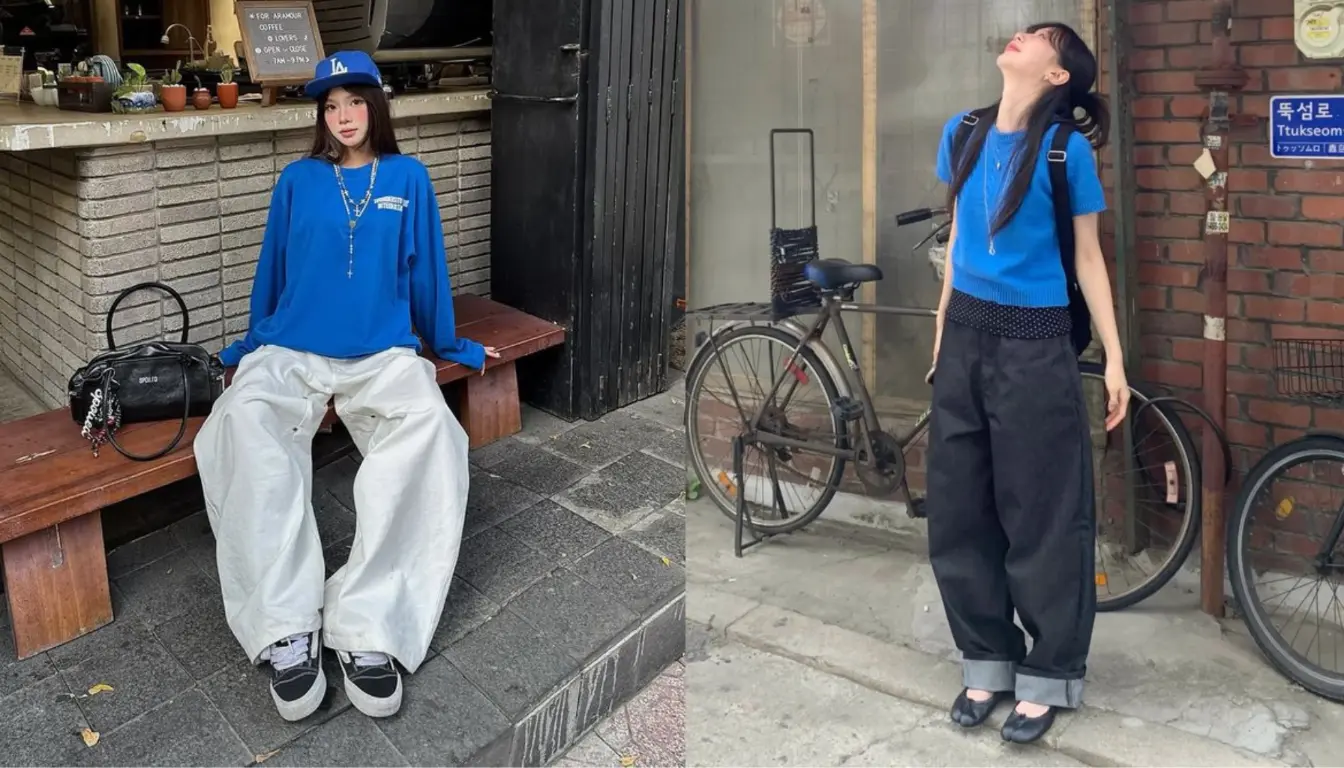 Kaos Warna Biru Dongker dengan Wide Leg Pants Kaos Warna Biru Dongker dengan Wide Leg Pants