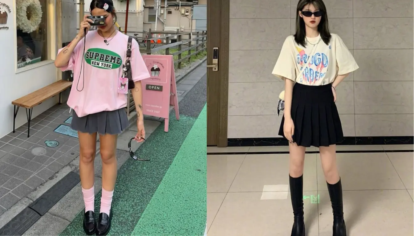 Perpaduan Kaos Grafis dan Mini Skirt