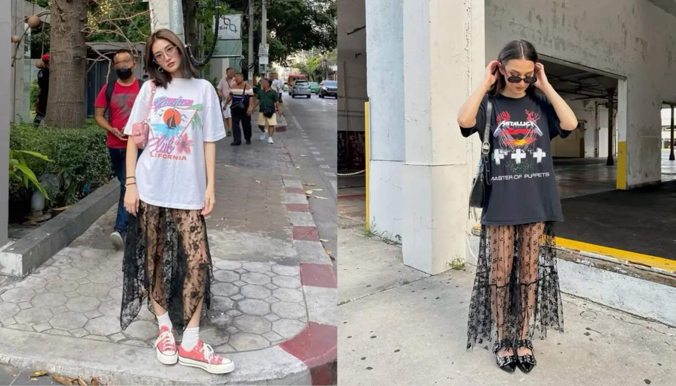 Perpaduan Kaos Grafis dan Rok Lace