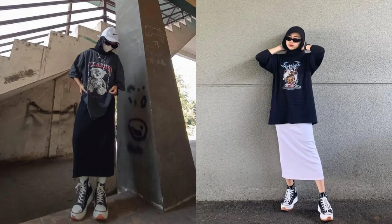 Perpaduan Kaos Grafis dan Rok Panjang Span